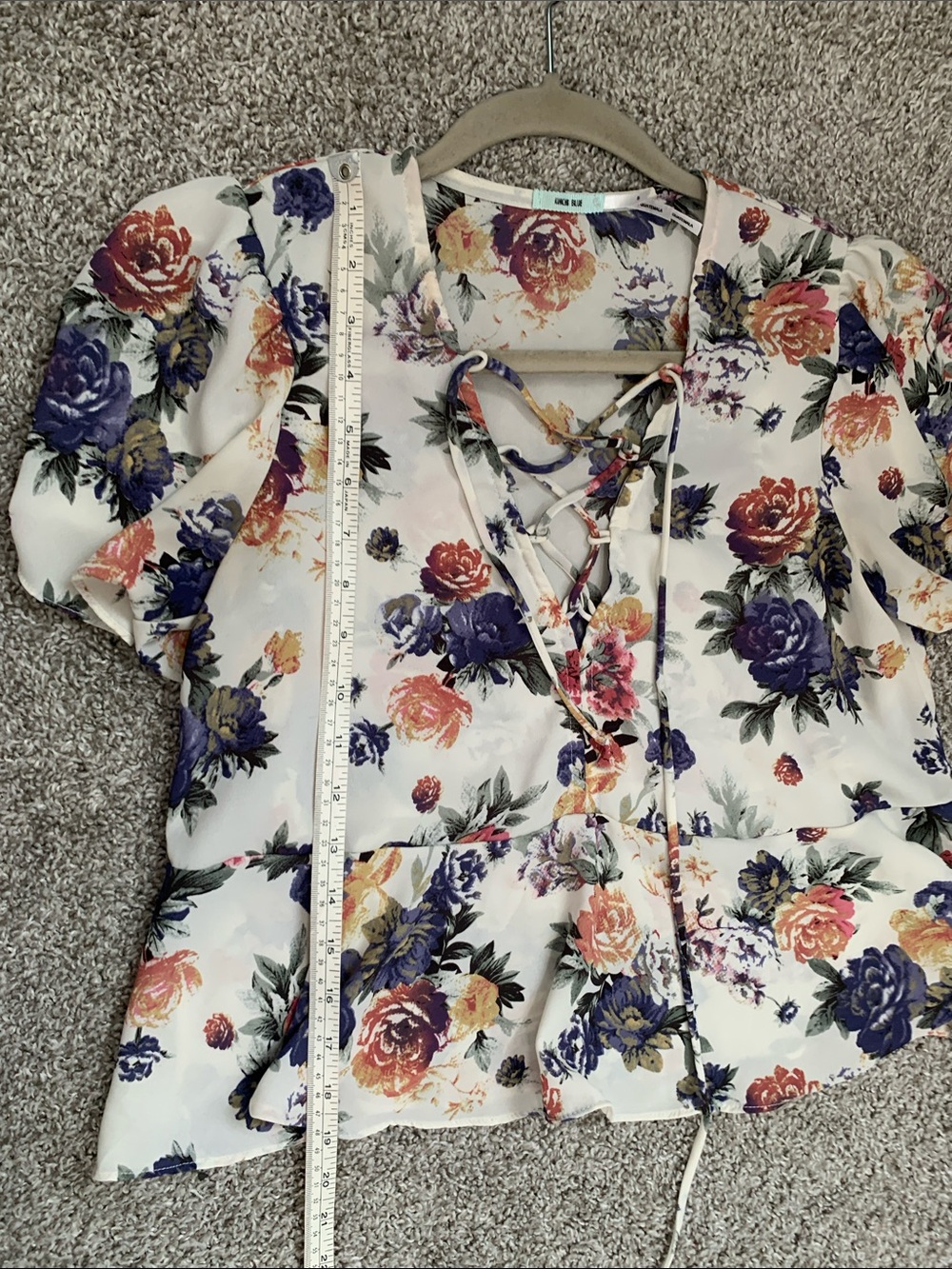 Kimchi Blue Floral Lace-Up Cream Short Sleeve Blouse - Picture 6 of 8
